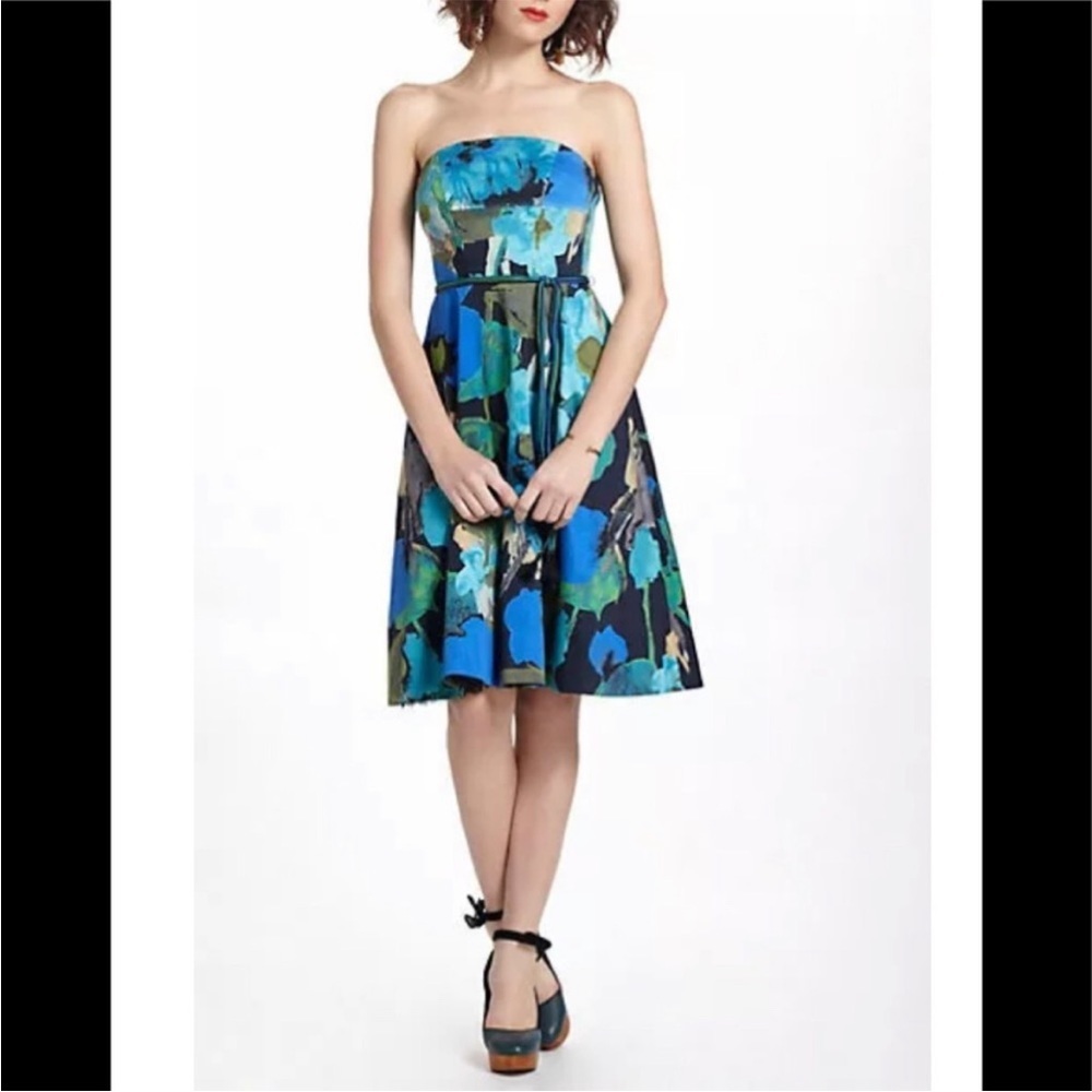 Anthropologie Vanessa Virginia Blue Watercolor Floral Print 50s Midi Dress sz 14